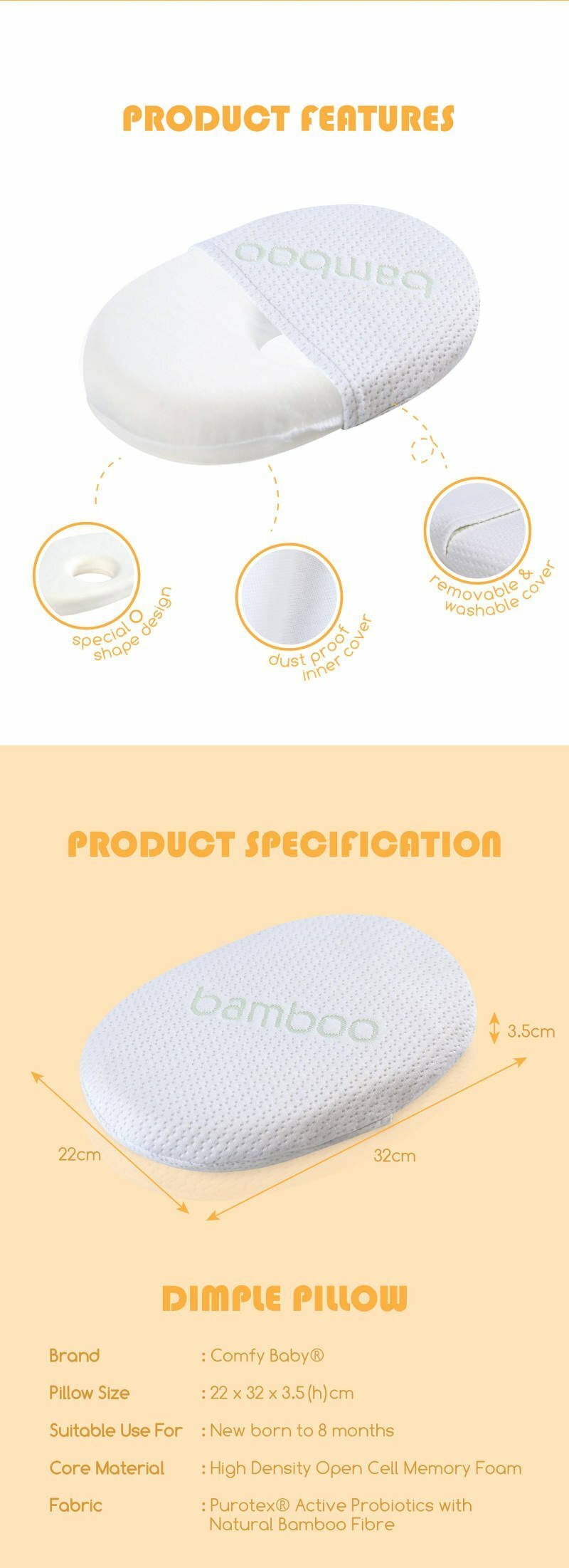 Comfy Baby Purotex Dimple Pillow Product Descriptions