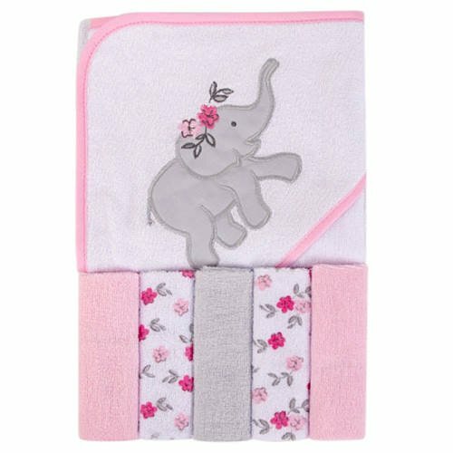 Hudson Baby Hooded Towel & Wash Cloths ELEPHANT PINK FLOWER 59594