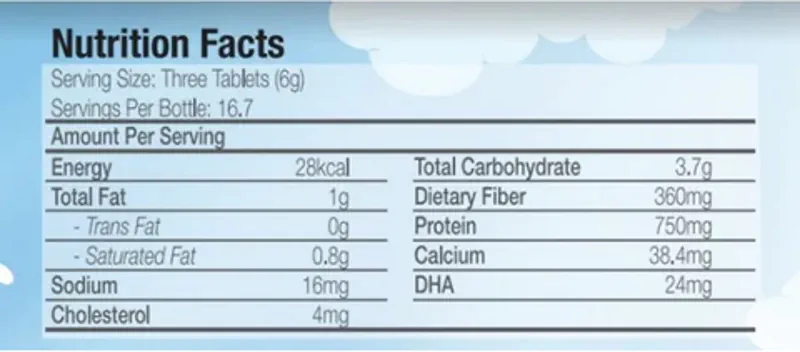 MommyJ High Calcium Probiotic Milk Bites 50 Tablets Nutrition Facts